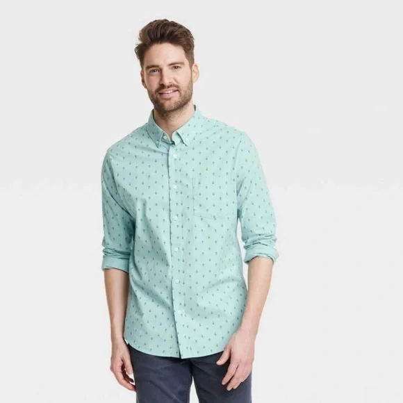 Men's Printed Slim Fit Long Sleeve Button-Down Shirt - Goodfellow & Co Aqua Blue/Shapes L